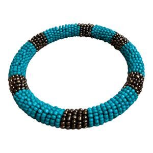 Blue Dark Gold Tone Seed Bead Bangle Bracelet